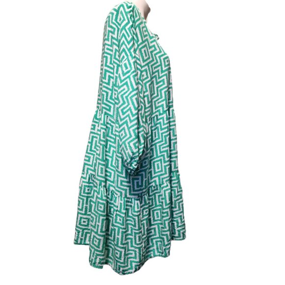 Ruby Rd. dress Women's XL Green white trellis print Split neck 3/4 puff sleeves - Picture 10 of 16